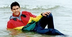 Open water swimmer in cagoule anorak and hoodie